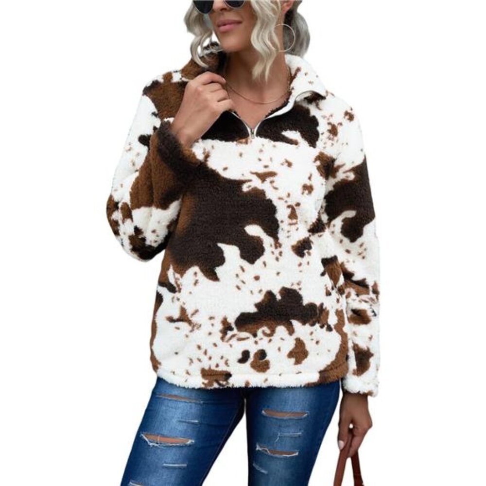 Womens Plus Size Long Sleeve Casual Zip Collar Cow Print Fleece Jacket Tops